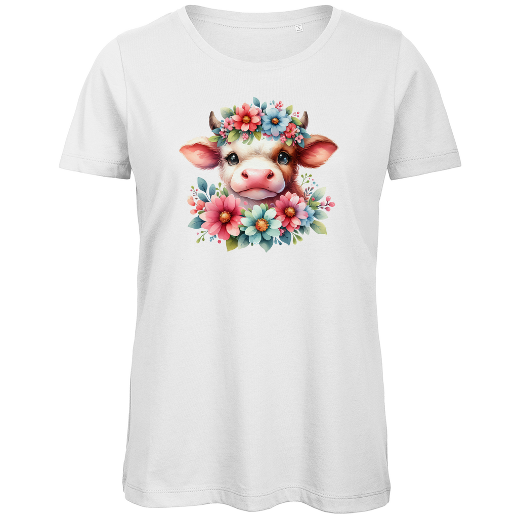 Damen Premium Bio T-Shirt "Kuh mit Blumen" weiß