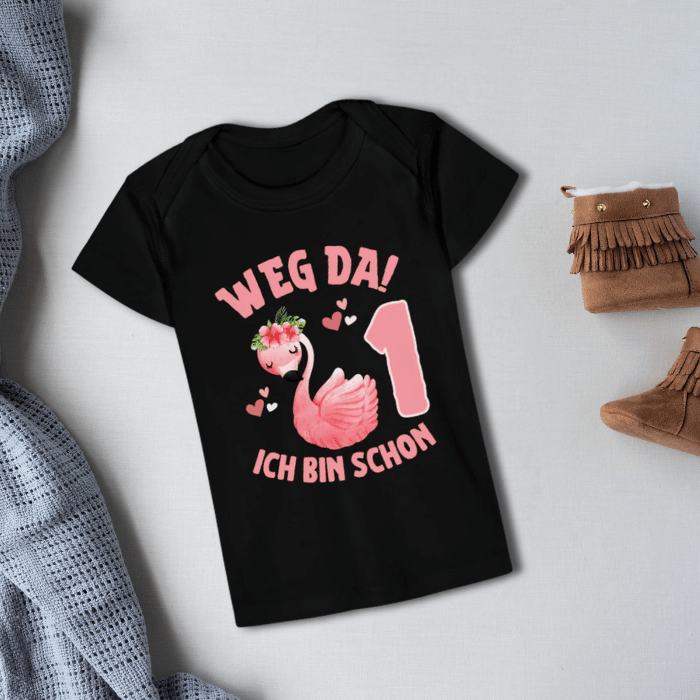 Baby Bio-T-Shirt "Weg da! Ich bin schon 1" (Flamingo)