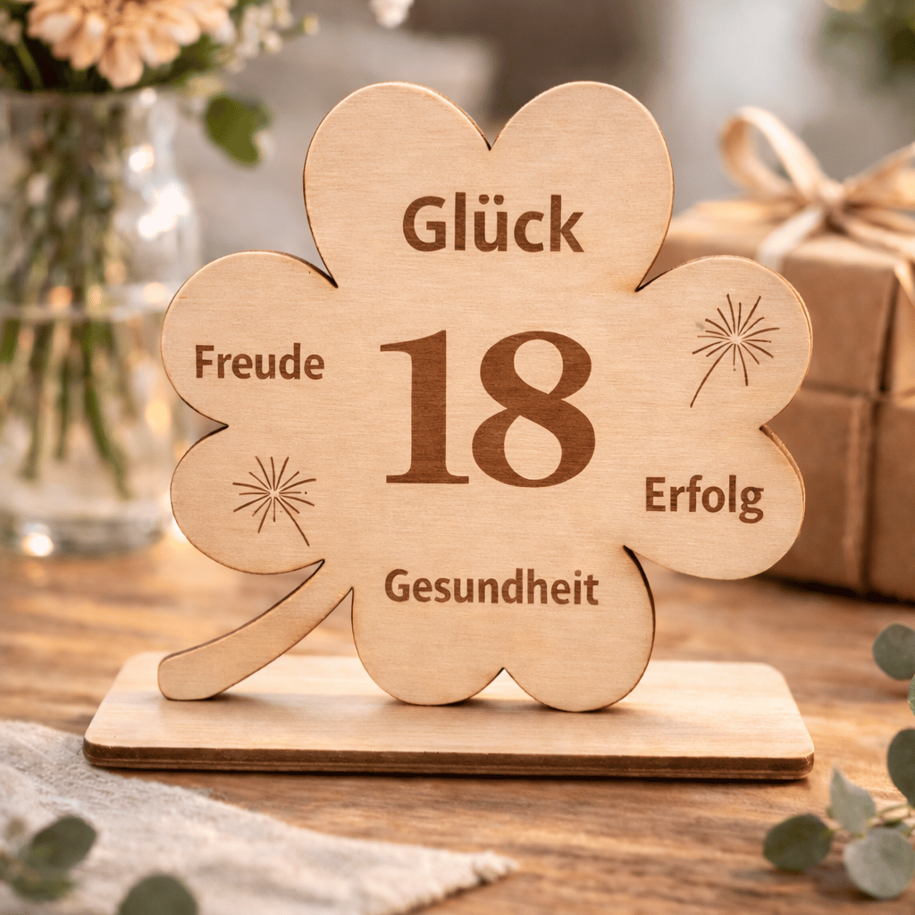 Holz Kleeblatt "18. Geburtstag"