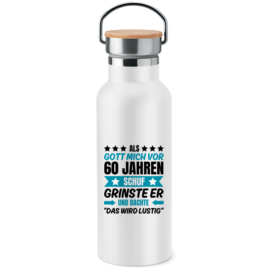 Edelstahl-Trinkflasche mit Bambusdeckel "Als Gott mich vor 60 Jahren schuf" (Blaues Motiv)