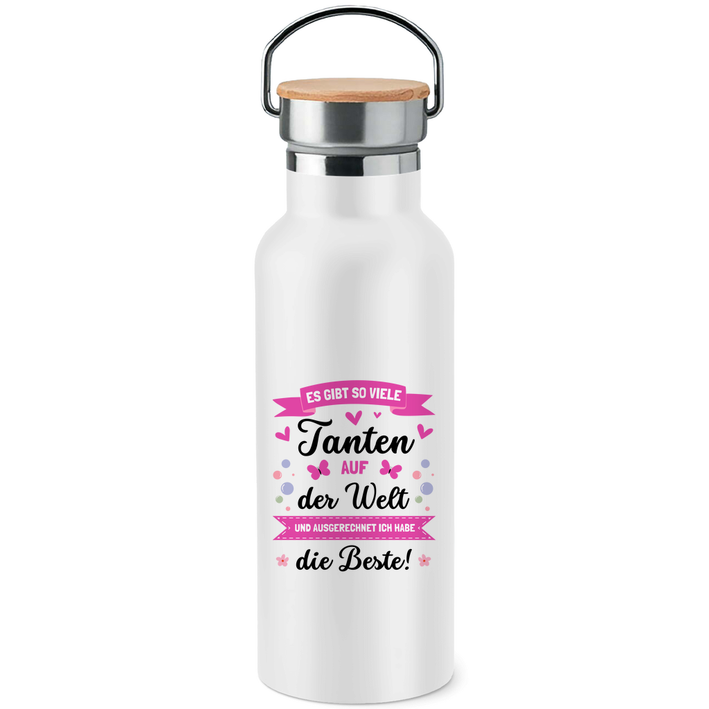 Edelstahl-Trinkflasche mit Bambusdeckel "Es gibt so viele Tanten - Ich habe die beste"