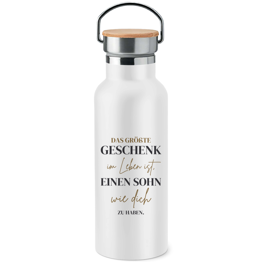 Edelstahl-Trinkflasche mit Bambusdeckel "Das größte Geschenk im Leben" (Sohn)
