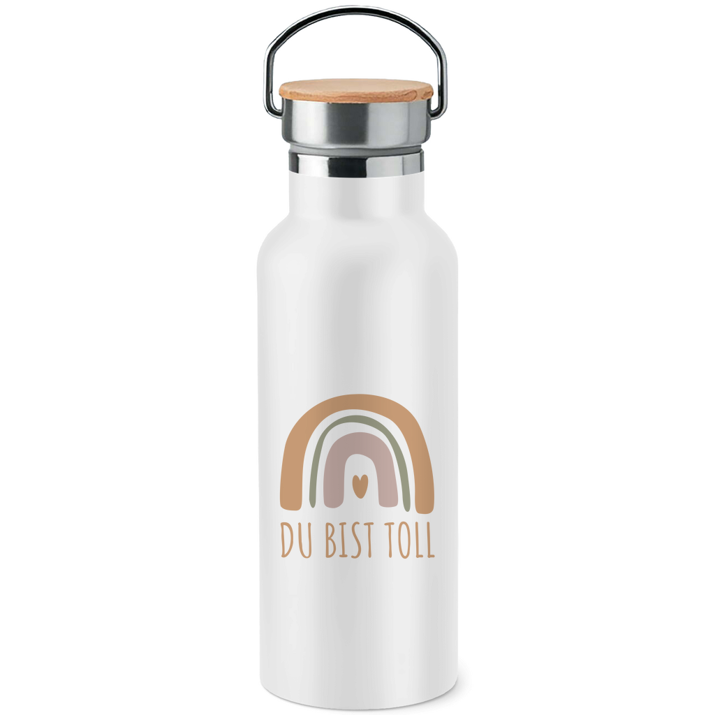 Edelstahl-Trinkflasche mit Bambusdeckel "Du bist toll" (Großer Regenbogen)