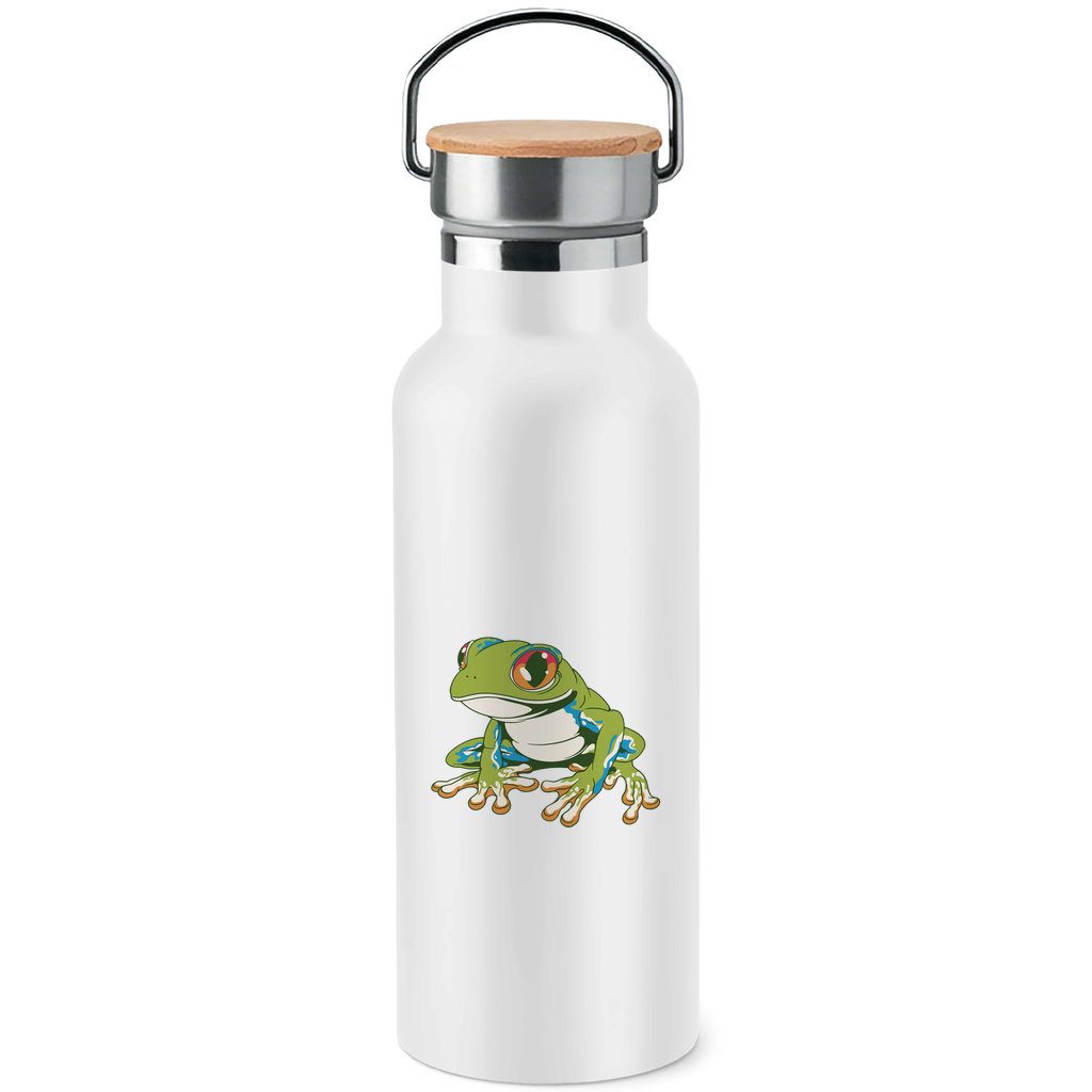 Edelstahl-Trinkflasche mit Bambusdeckel "Frosch mit roten Augen"
