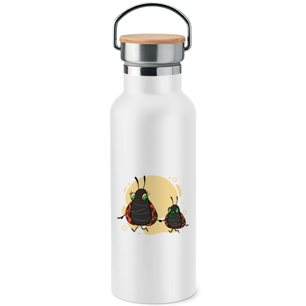 Edelstahl-Trinkflasche mit Bambusdeckel "Marienkäfer Mama und Kind"