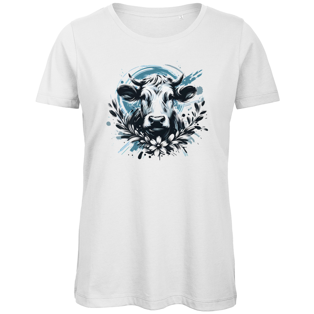 Damen Premium Bio T-Shirt "Kuh mit Blumenkranz"