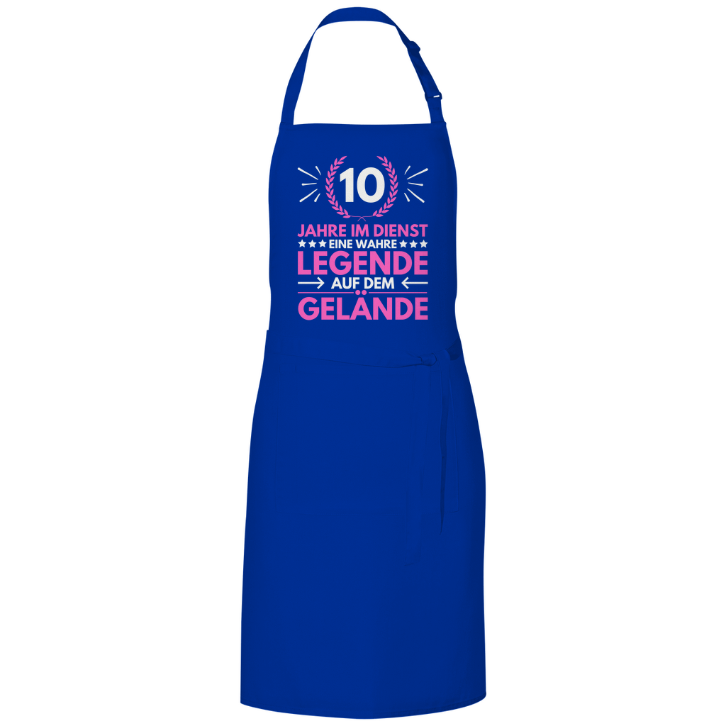 Kochschürze "10 Jahre im Dienst-Legende auf dem Gelände" (Pinkes Motiv) blau