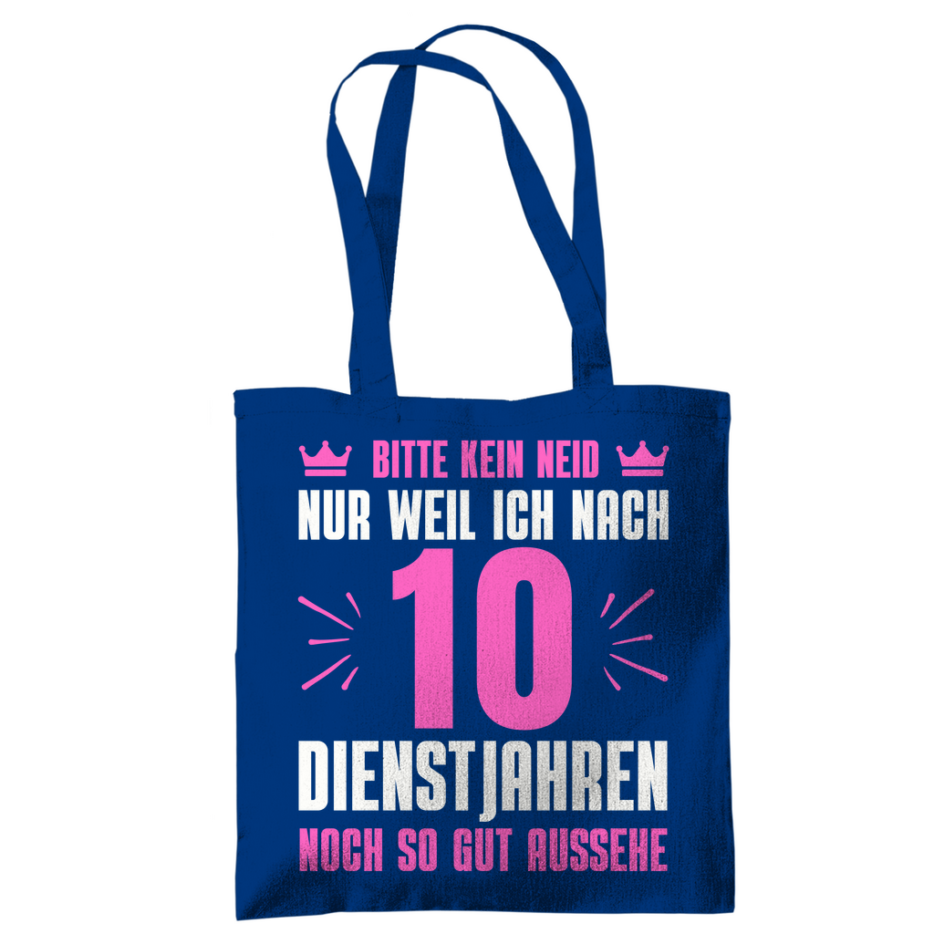 Tragetasche "Nach 10 Dienstjahren noch so gut aussehe" (Pinkes Motiv) blau
