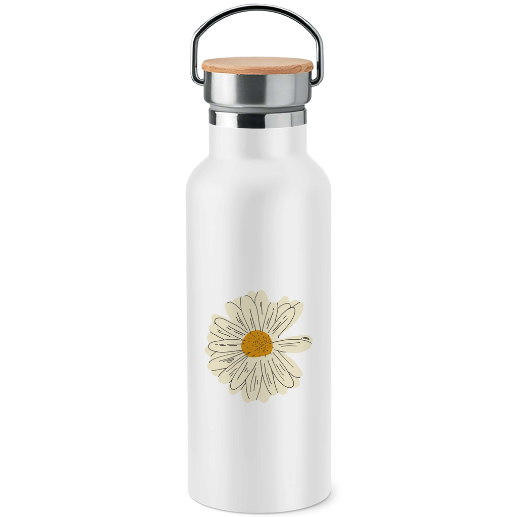 Edelstahl-Trinkflasche mit Bambusdeckel "Minimalistisches Gänseblümchen"