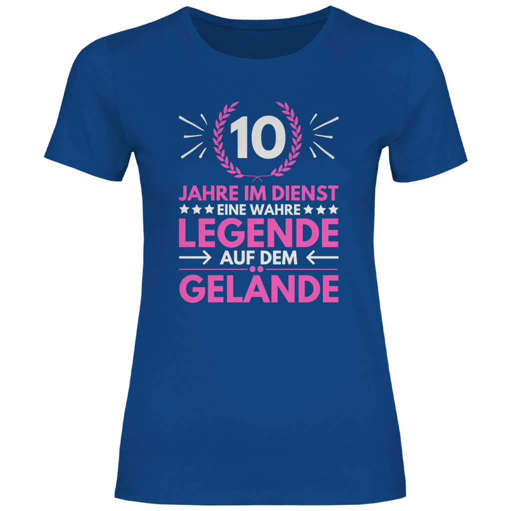 Damen T-Shirt "10 Jahre im Dienst-Legende auf dem Gelände" (Pinkes Motiv) blau