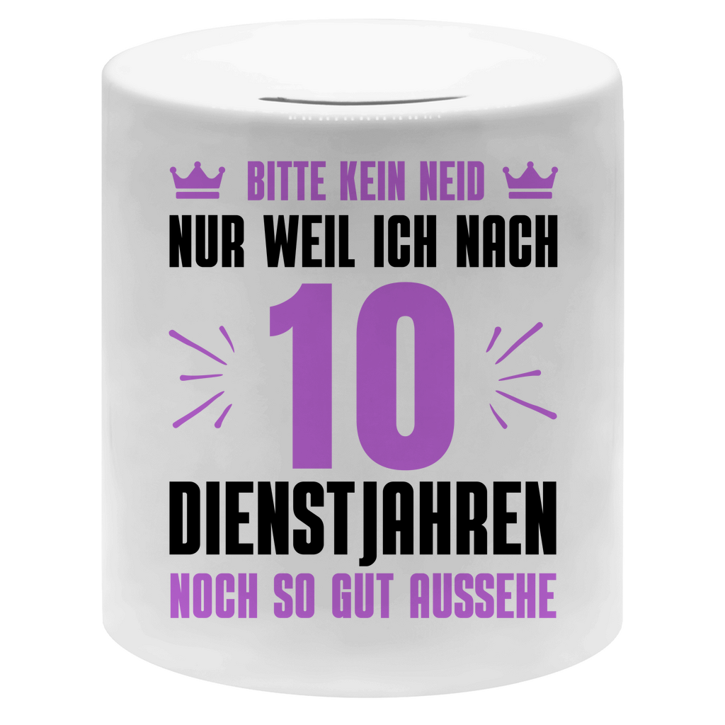 Spardose "Nach 10 Dienstjahren noch so gut aussehe" (Lila Motiv)