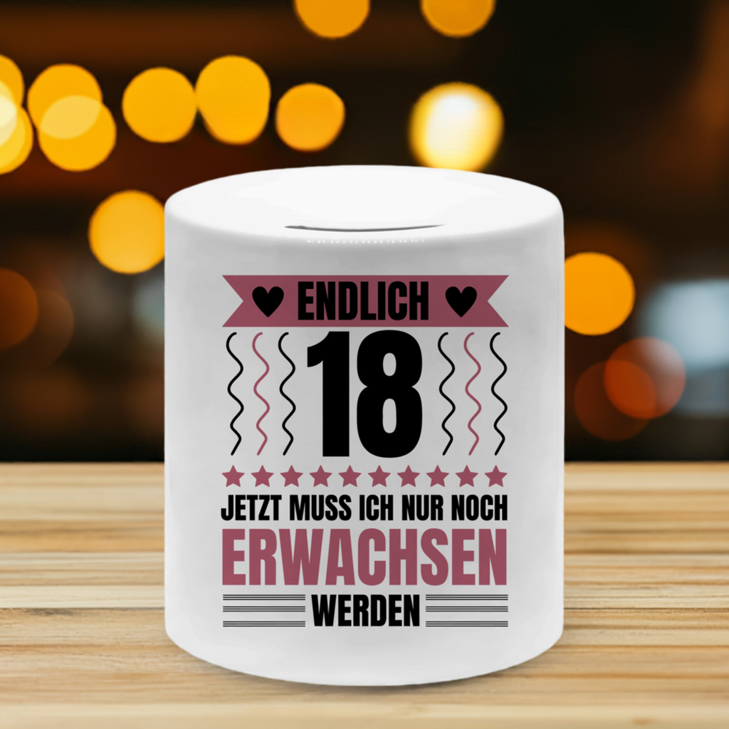Spardose "Endlich 18 - Jetzt muss ich nur noch erwachsen werden" (9,5 x 8cm)