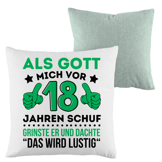 Kopfkissen zweifarbig "Das wird lustig" (Grünes Motiv)