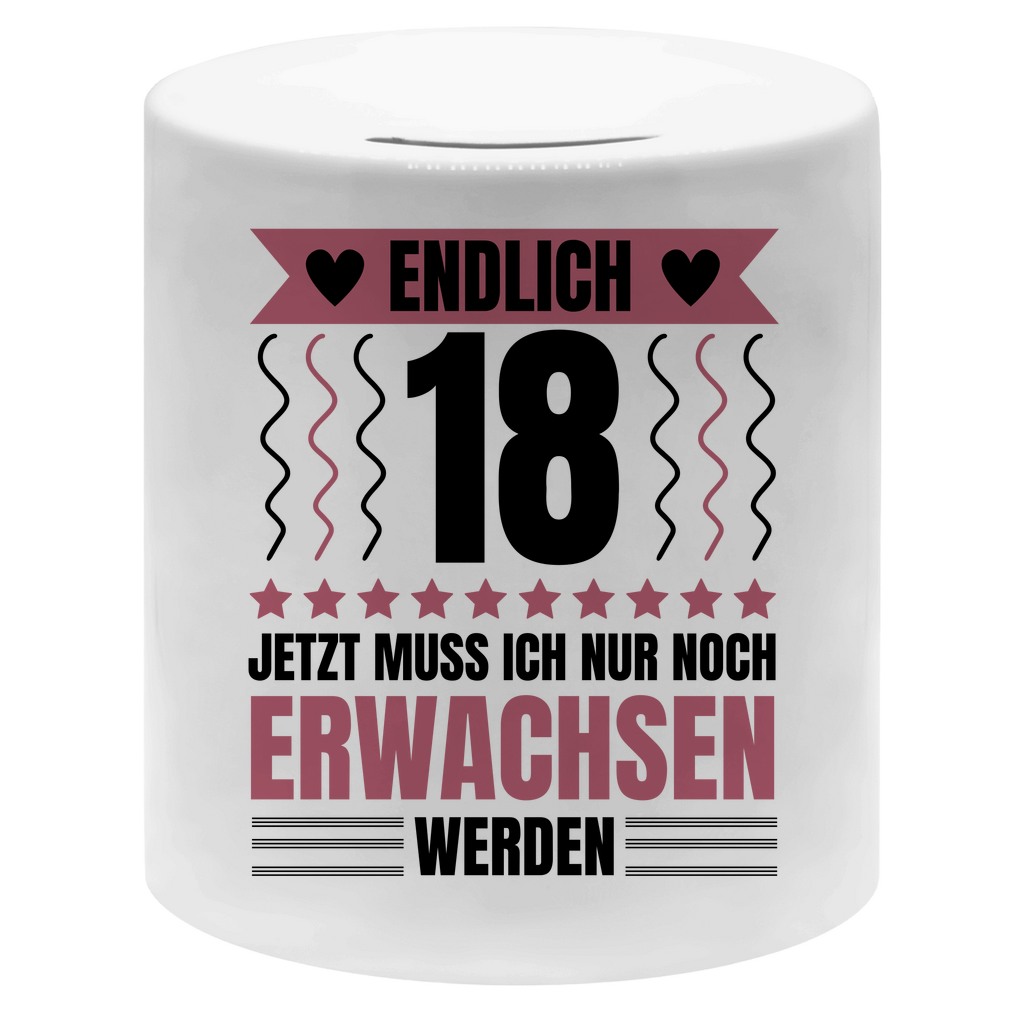 Spardose "Endlich 18 - Jetzt muss ich nur noch erwachsen werden"