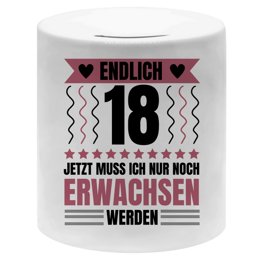Spardose "Endlich 18 - Jetzt muss ich nur noch erwachsen werden"