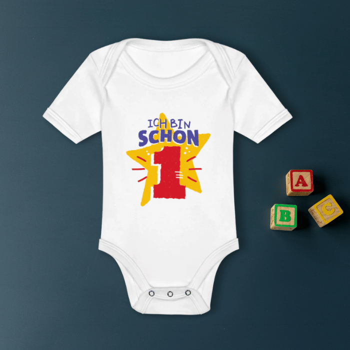 Baby Bio-Kurzarm-Body "Ich bin schon 1" (Sternen-Motiv)