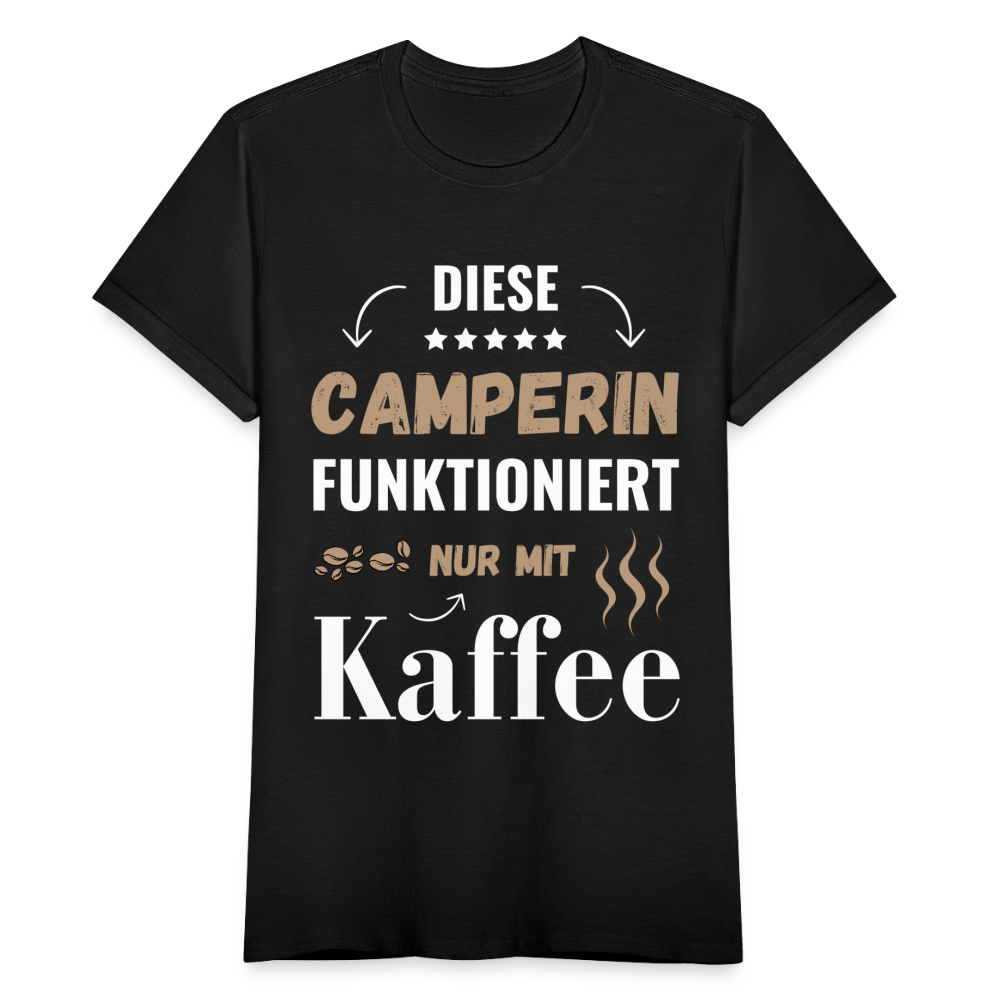 Frauen T-Shirt "Diese Camperin funktioniert nur mit Kaffee" - Schwarz