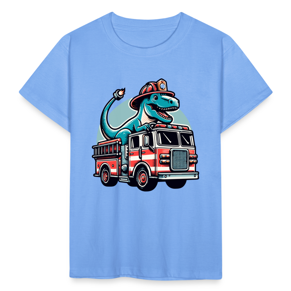 Kinder T-Shirt "Dinosaurier fährt Feuerwehrauto" - Himmelblau
