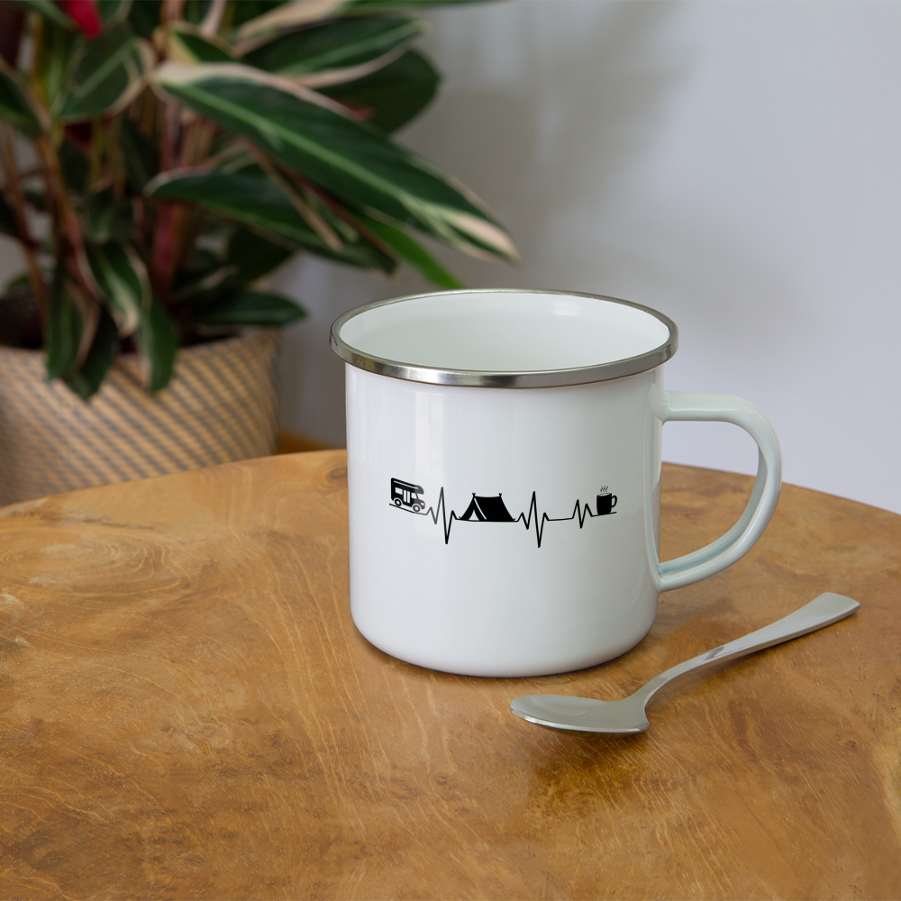 Emaille-Tasse "Wohnwagen, Campingzelt und Kaffee" - weiß