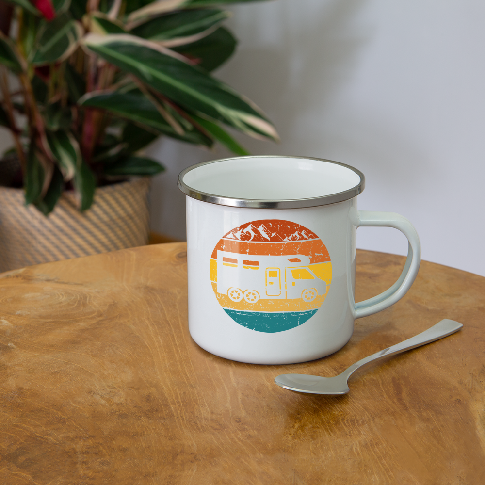 Emaille-Tasse "Wohnmobil im Retro-Stil Sonnenuntergang" - weiß