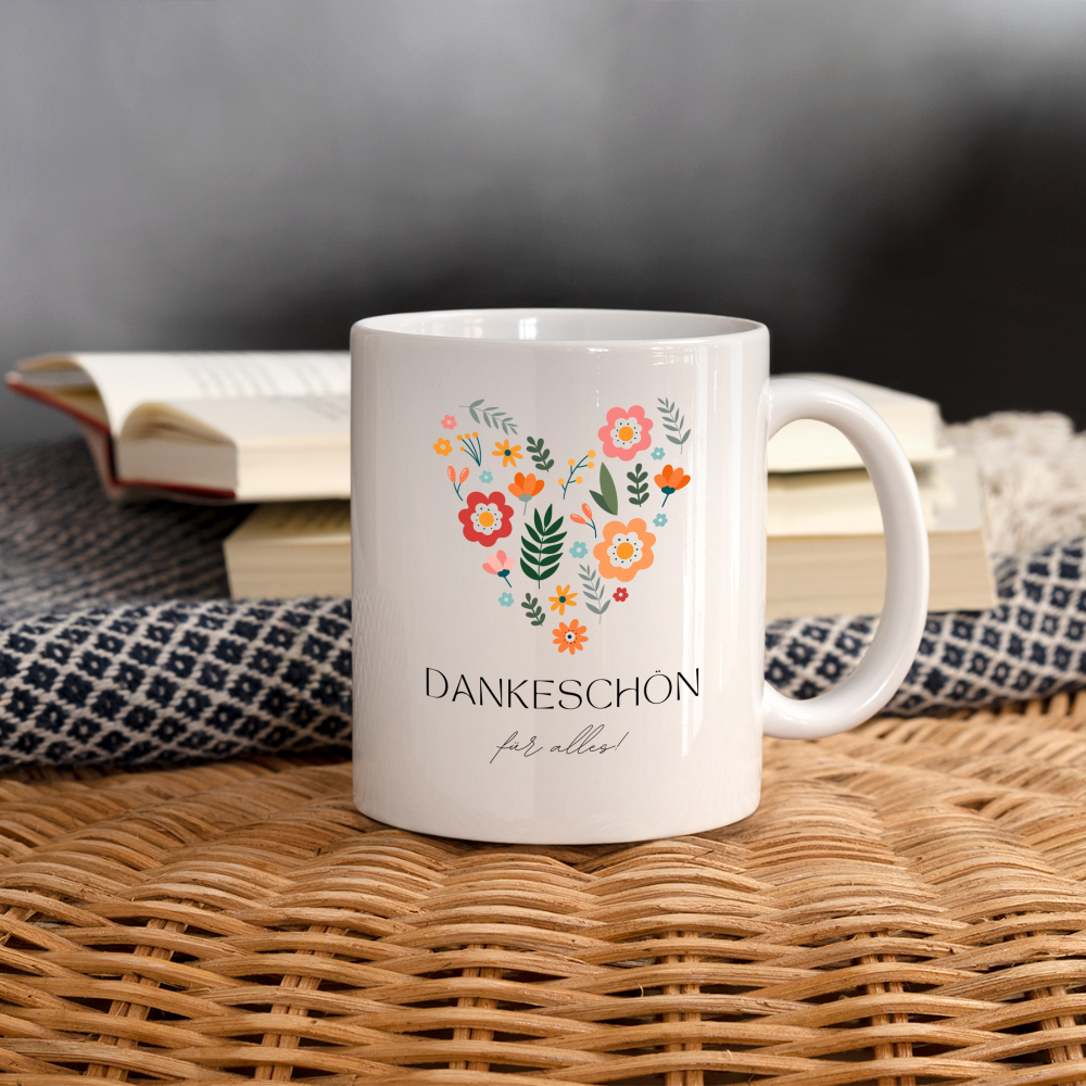 Tasse "Dankeschön für alles" (Blumen-Herzmotiv) - weiß
