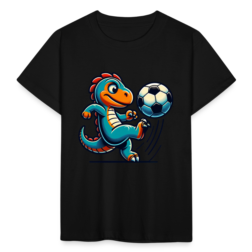 Kinder T-Shirt "Dinosaurier spielt Fußball" - Schwarz