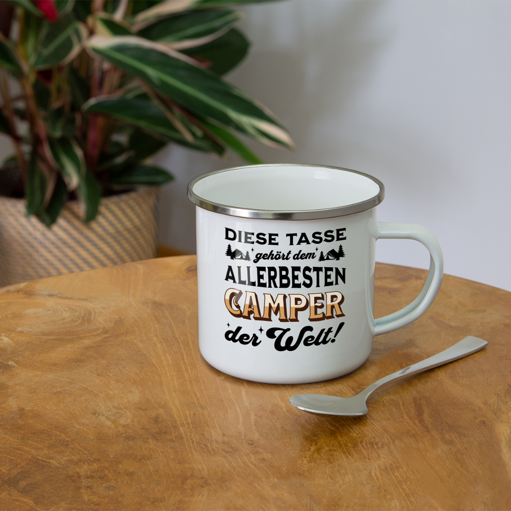 Emaille-Tasse "Diese Tasse gehört dem allerbesten Camper der Welt" - weiß