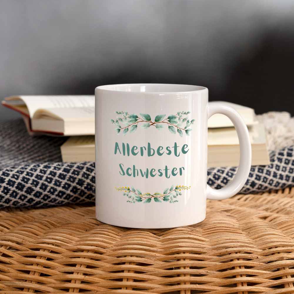 Tasse "Allerbeste Schwester" (Grünes Blumenmotiv) - weiß