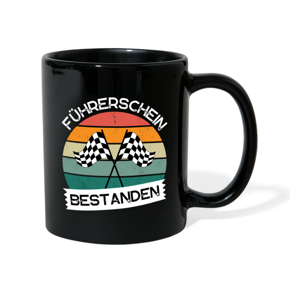 Tasse "Führerschein bestanden" (Zielflaggen) - Schwarz