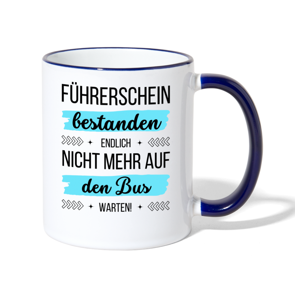 Tasse "Führerschein bestanden - Endlich nicht mehr auf den Bus warten!" - Weiß/Kobaltblau