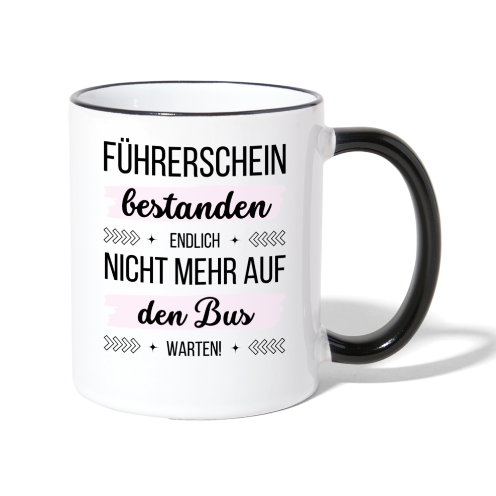Tasse "Führerschein bestanden - Endlich nicht mehr auf den Bus warten!" (Rosa Motiv) - Weiß/Schwarz