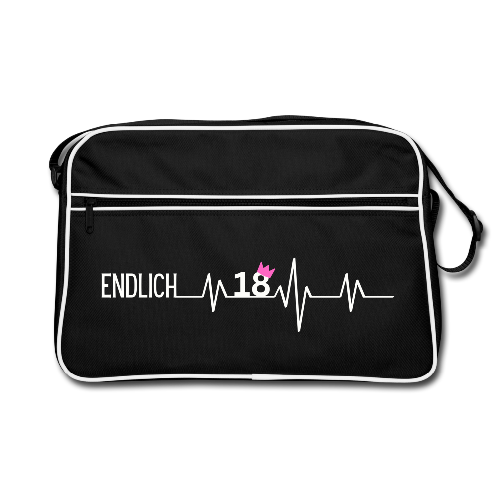 Retro Tasche "Endlich 18" (Herzschlag-Motiv) - Schwarz/Weiß