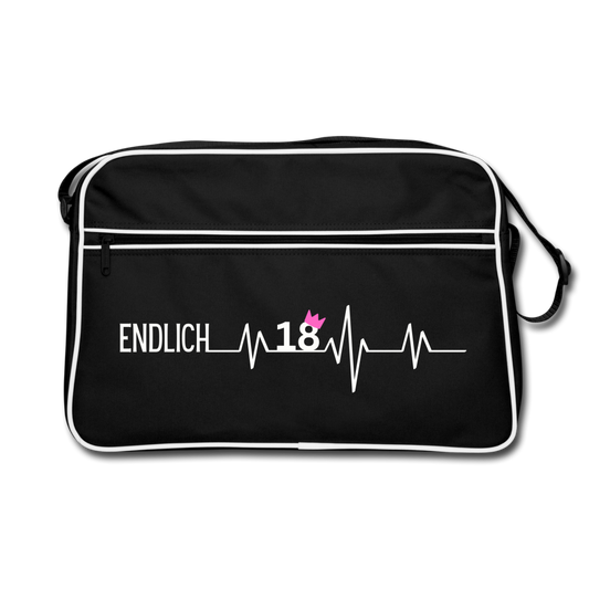 Retro Tasche "Endlich 18" (Herzschlag-Motiv) - Schwarz/Weiß