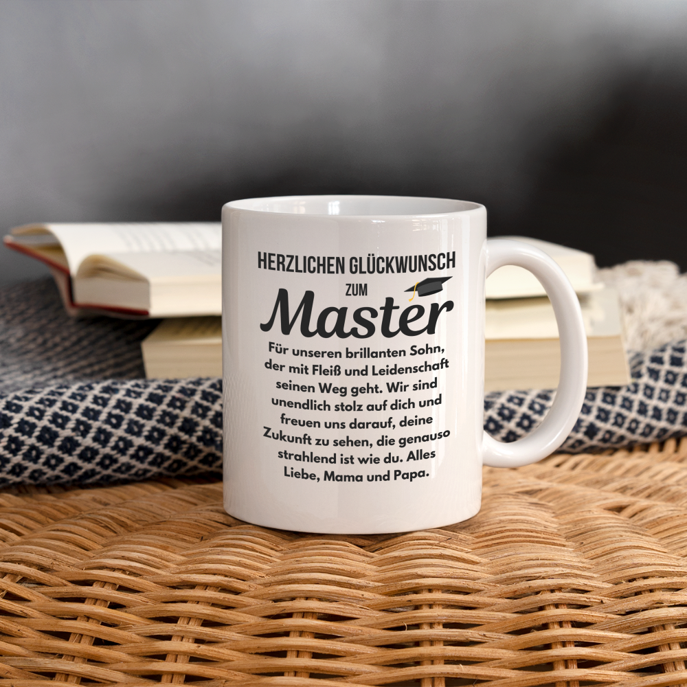 Tasse "Herzlichen Glückwunsch zum Master von Mama und Papa" - weiß