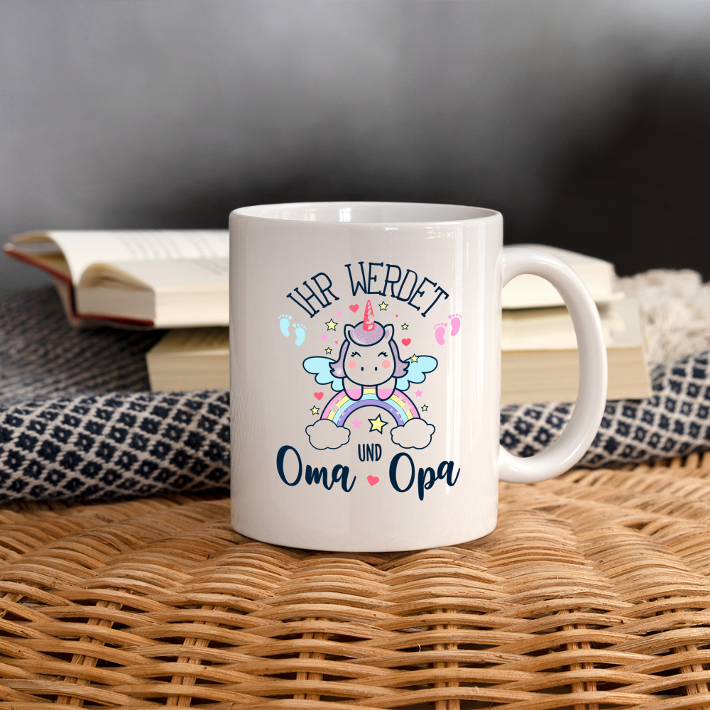 Tasse "Ihr werdet Oma und Opa" (Einhorn-Motiv) - weiß