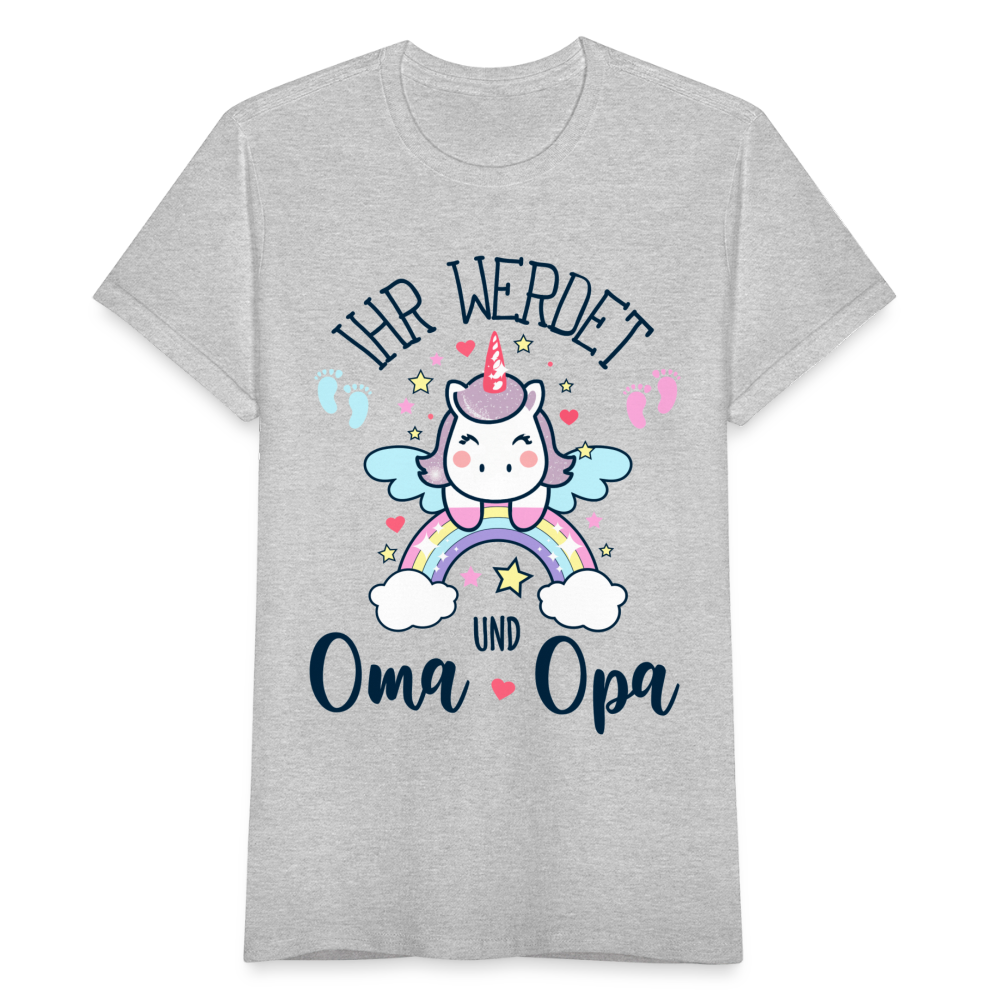 Frauen T-Shirt "Ihr werdet Oma und Opa" (Einhorn-Motiv) - Grau meliert