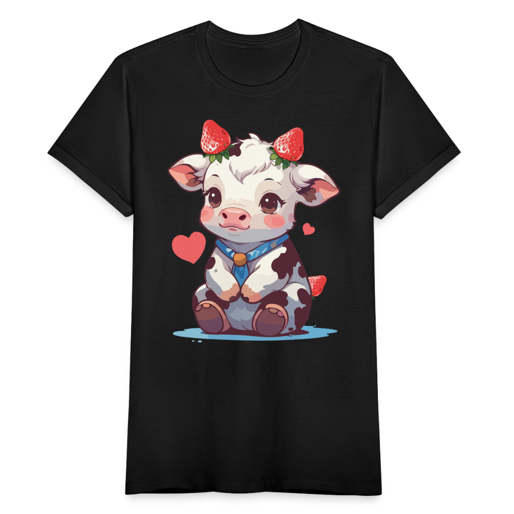 Frauen T-Shirt "Niedliche Kuh mit Erdbeeren" - Schwarz