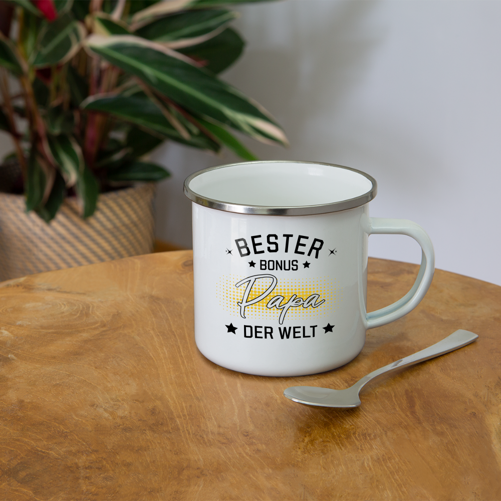 Emaille-Tasse "Bester Bonus Papa der Wet" - Weiß