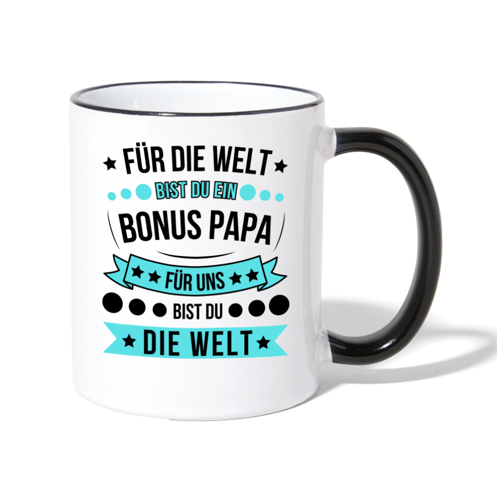 Tasse "Für die Welt bist du ein Bonus Papa, für uns bist du die Welt" - Weiß/Schwarz