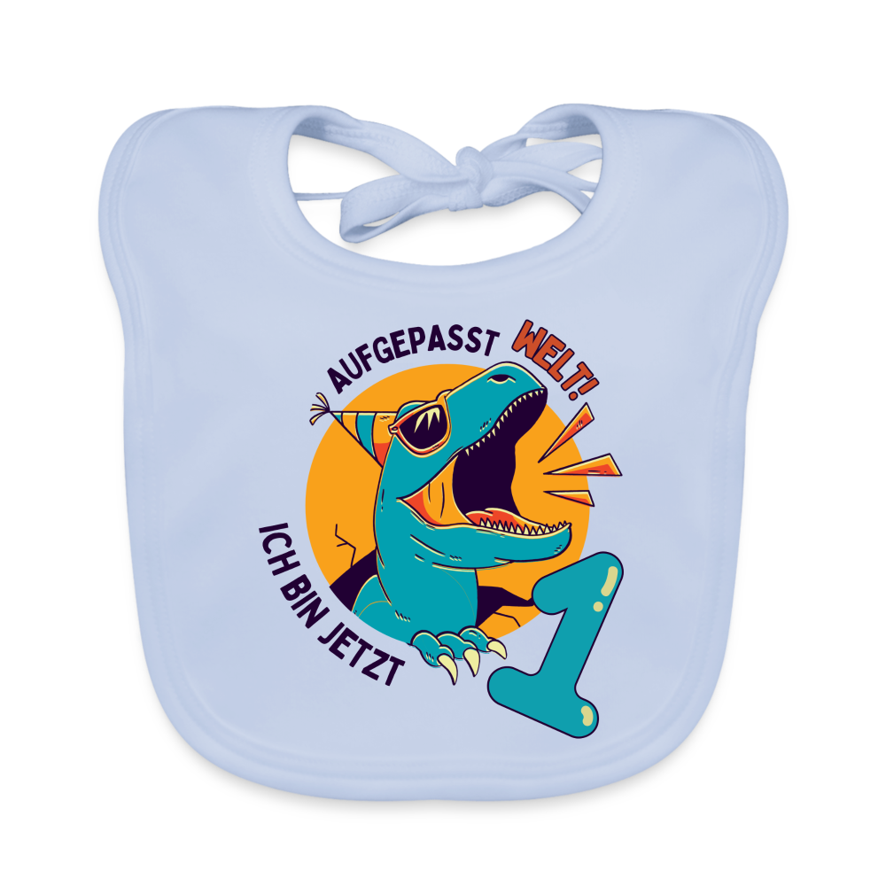 Baby Bio-Lätzchen "Aufgepasst Welt! Ich bin jetzt 1" - sky Blue