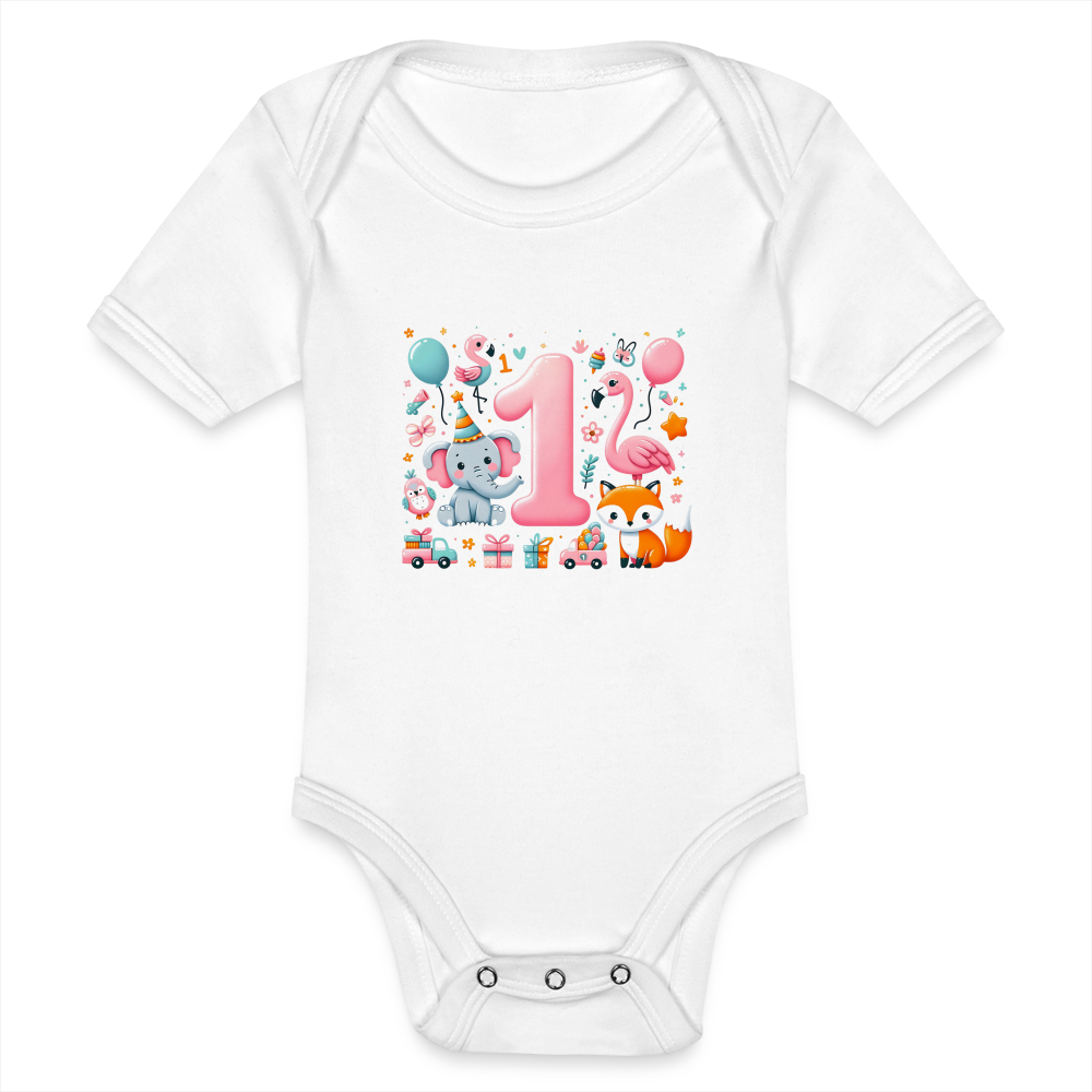 Baby Bio-Kurzarm-Body "1. Geburtstag" (Flamingo-Motiv) - Weiß