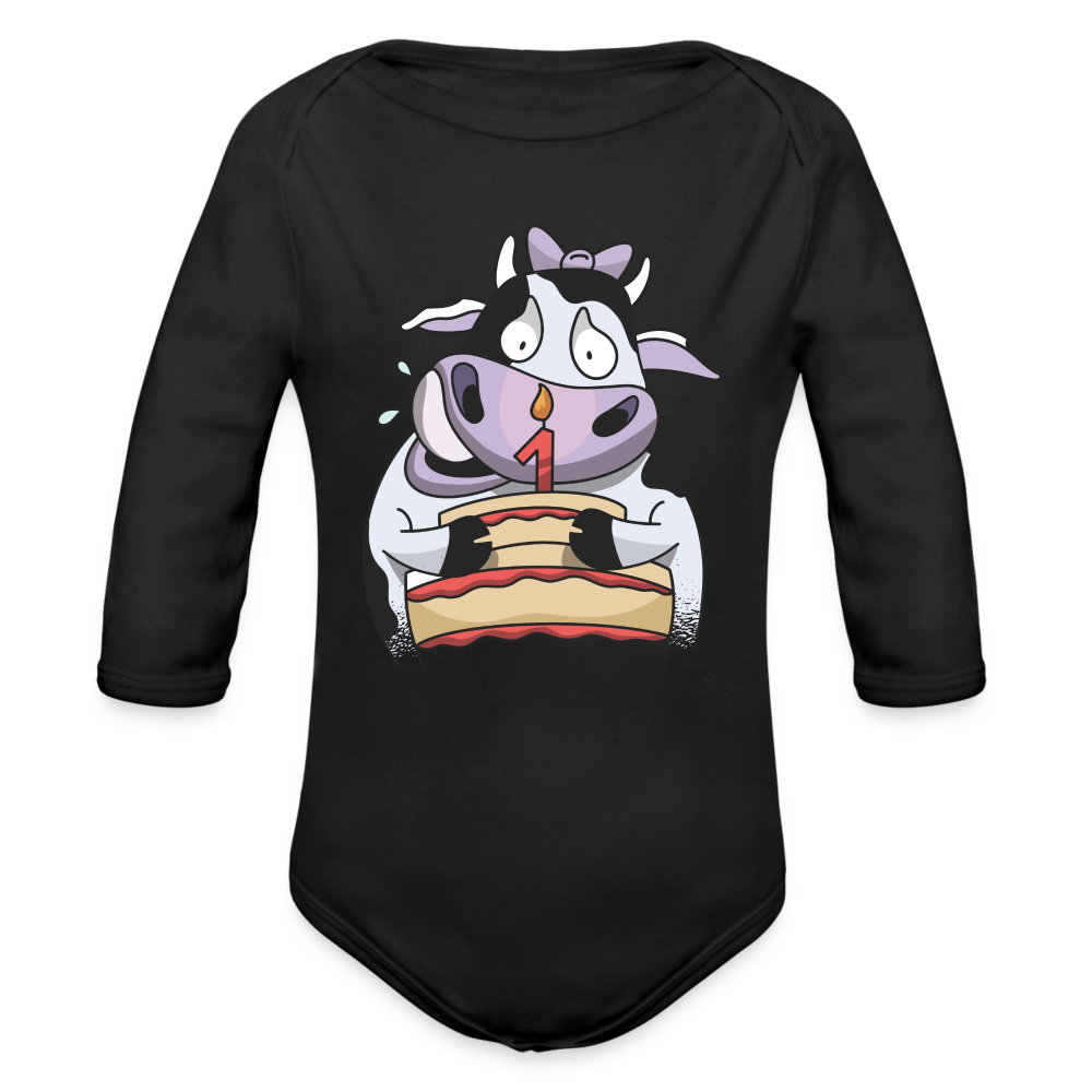 Baby Bio-Langarm-Body "Lustige Kuh feiert den 1. Geburtstag" - Schwarz