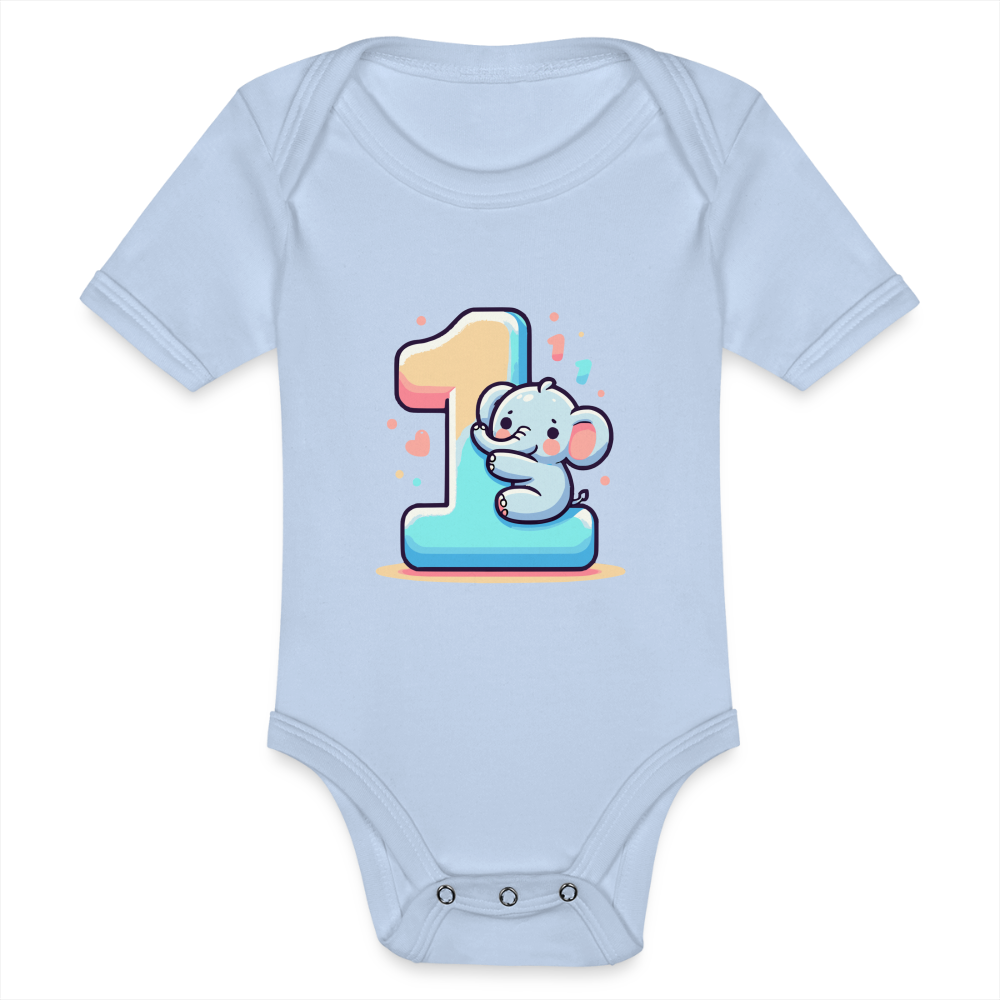 Baby Bio-Kurzarm-Body "Elefant umarmt die 1" - Sky