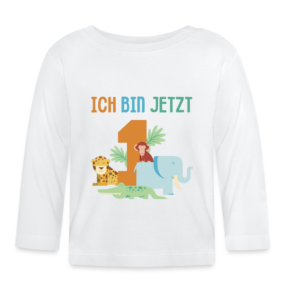 Baby Langarmshirt "Ich bin jetzt 1" (Tiermotiv) - Weiß