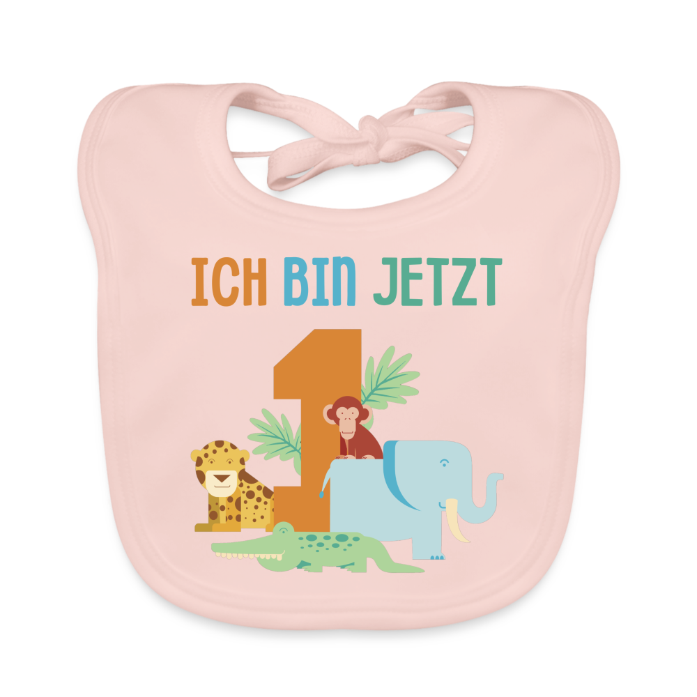 Baby Bio-Lätzchen "Ich bin jetzt 1" (Tiermotiv) - Rose
