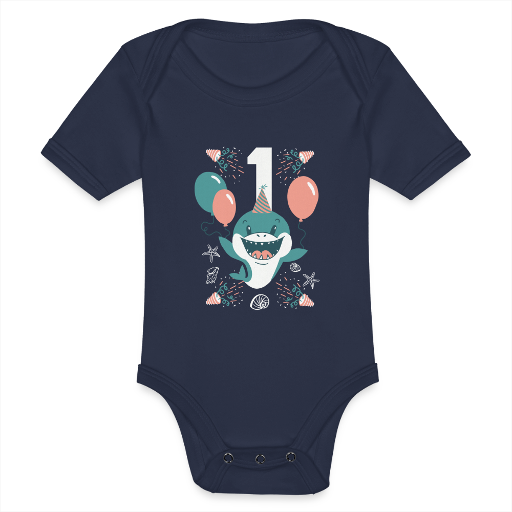 Baby Bio-Kurzarm-Body "Erster Geburtstag" (Hai) - Dunkelnavy