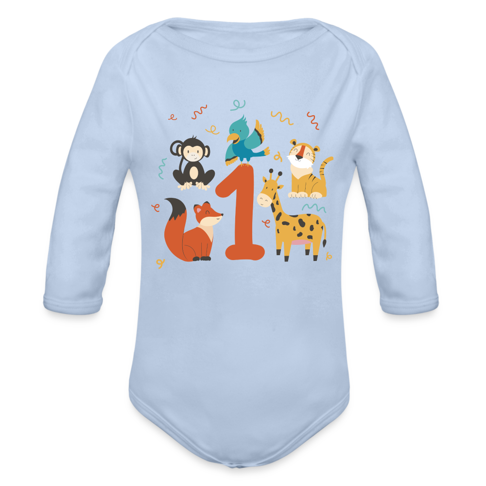 Baby Bio-Langarm-Body "1. Geburtstag" (Niedliche Tiere) - Sky