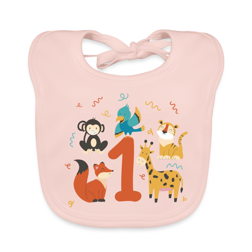 Baby Bio-Lätzchen "1. Geburtstag" (Niedliche Tiere) - Rose