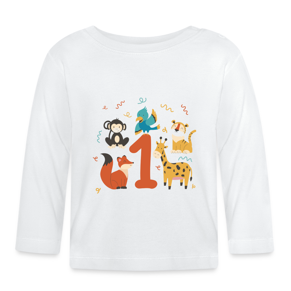 Baby Langarmshirt "1. Geburtstag" (Niedliche Tiere) - Weiß