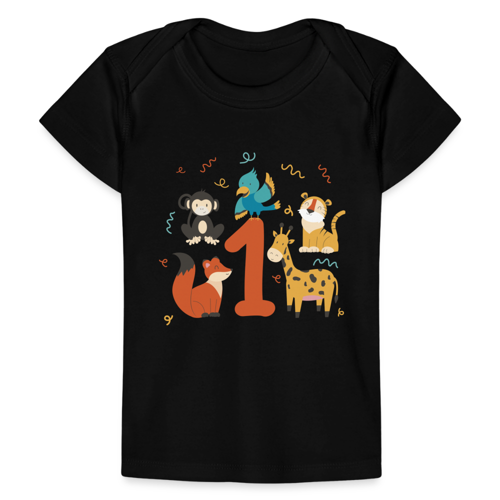 Baby Bio-T-Shirt "1. Geburtstag" (Niedliche Tiere) - Schwarz